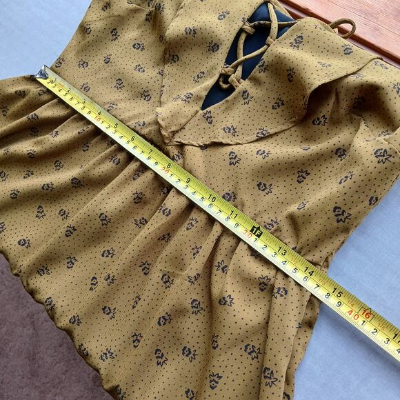 UO Kimchi Blue Mustard Lace up Dress 4 floral ruffles olive corset style front - Picture 9 of 13